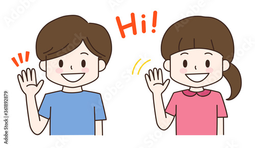 Greeting gesture of boy and girl in cartoon style. Vector illustration isolated on white background.