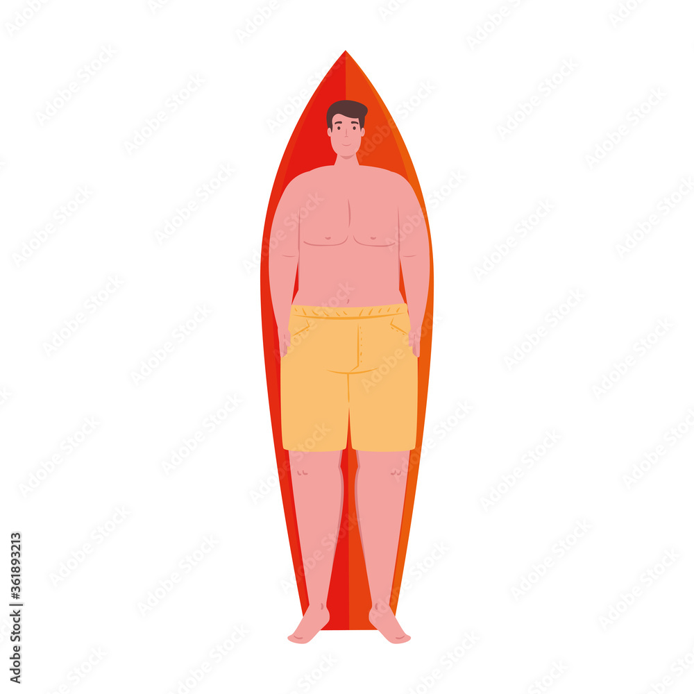man lying down on surfboard in shorts yellow color on white background vector illustration design man lying down on surfboard in shorts yellow color on white background vector illustration design