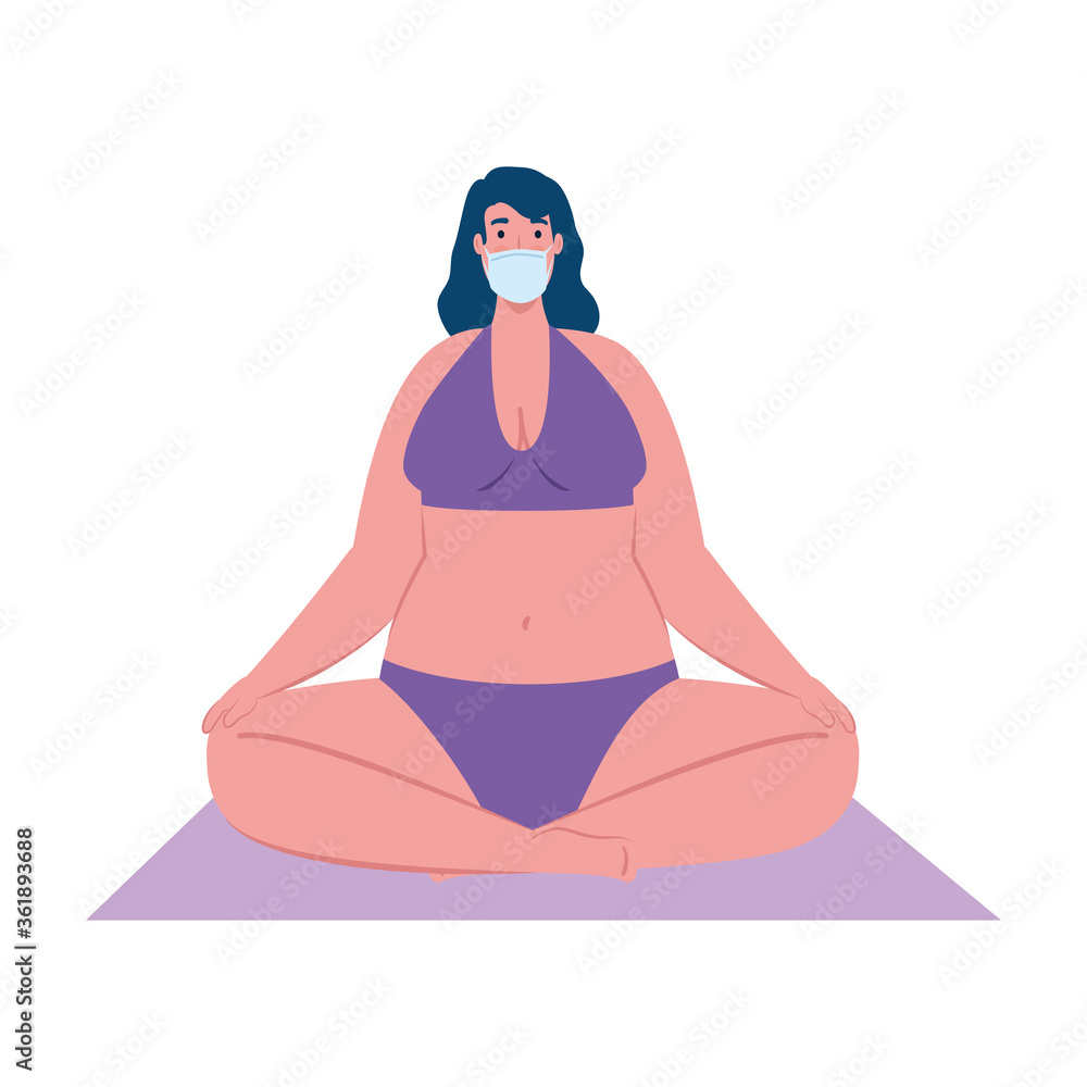 cute plump woman sitting with swimsuit purple color, wearing medical mask, covid 19 summer vacation vector illustration design cute plump woman sitting with swimsuit purple color, wearing medical mask, covid 19 summer vacation vector illustration design