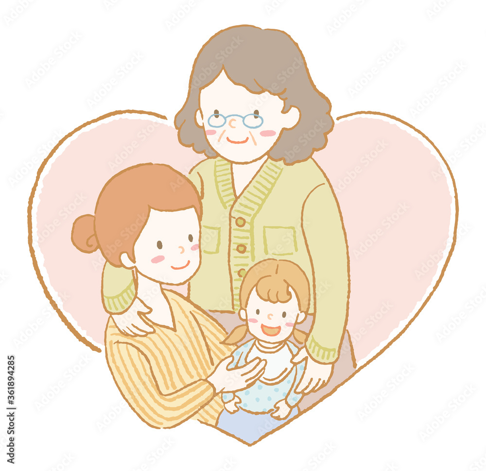 Mother’s Day vector illustration. Grandmother, mother and daughter in a heart shaped background. Digitally hand drawn artwork. Mother’s Day vector illustration. Grandmother, mother and daughter in a heart shaped background. Digitally hand drawn artwork.