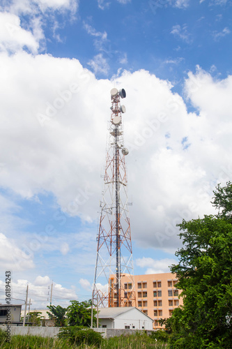 Telecommunications dishes and transmitters on a steel tower