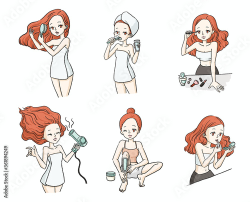 Daily life of a young attractive girl vector illustration set. Digitally hand drawn sticker sets of a orange hair fashion girl.