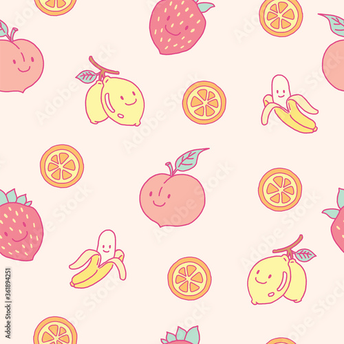 Seamless pattern of cute fruits illustrations. Hand drawn digital drawings of fruit characters.