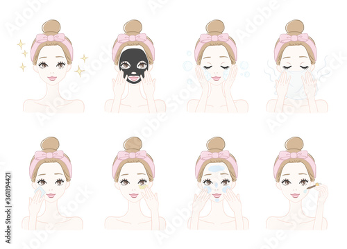 Cute girl illustration sets of self skin care procedures. Digitally hand drawn vector art collection of daily skincare routine. Skin care procedure clipart. 