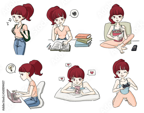Digitally hand drawn character design set. Vector illustration of a girl's daily routine.