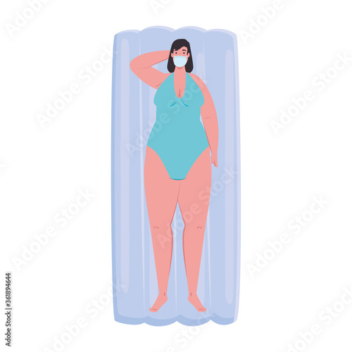 cute plump woman wearing medical mask in lying down on inflatable float, covid 19 summer vacation vector illustration design