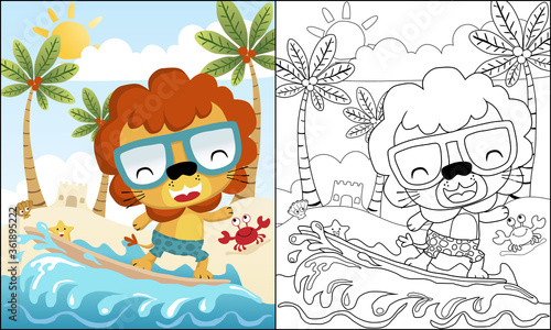 vector illustration of cute lion cartoon play surfing in the beach, coloring book or page