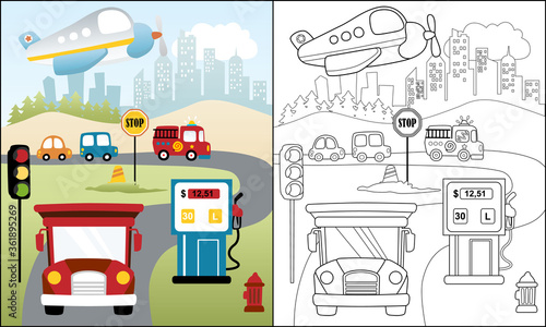 vector illustration of transportation cartoon, coloring book or page