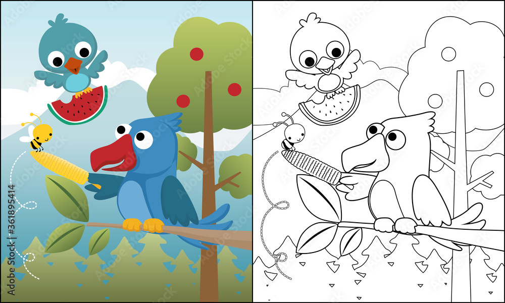 vector illustration of birds cartoon with little bee in forest, coloring book or page