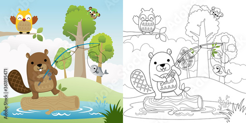 Vector cartoon illustration of beaver with its friends fishing in a swamp, coloring book or page