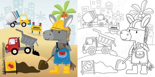 Vector cartoon illustration of construction vehicle with donkey the worker, coloring book or page