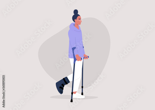 Young female character with a fractured leg using crutches to walk, health care