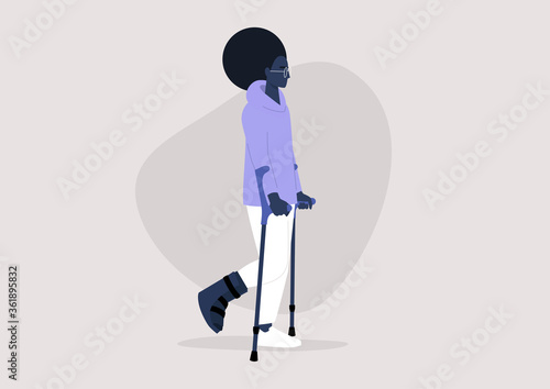 Young black female character with a fractured leg using crutches to walk, health care