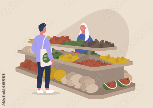 Supermarket fruit stand, organic vegetables, green grocery, healthy lifestyle