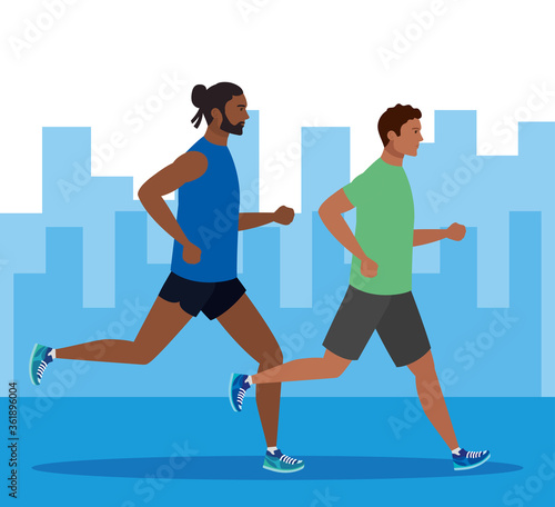 men afro jogging in cityscape, group men afro running, people afro in sportswear jogging vector illustration design