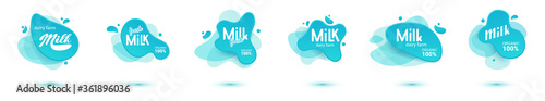 Milk badge and dairy labels with splashes and bolts. Milk badge with drop and splash for labels of package. Liquid amoeba shapes.