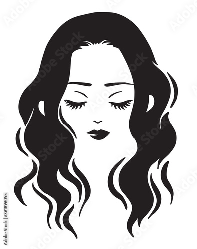 Logo style vector art of a beautiful woman's face. Monochrome illustration of a pretty girl with closed eyes.