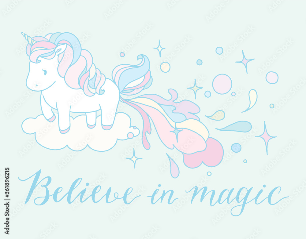 Unicorn vector illustration with calligraphy, believe in magic.