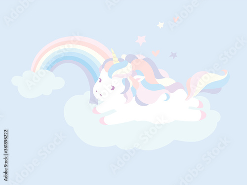 Vector illustration of cute unicorn in pastel color. Kawaii unicorn character on the cloud with rainbow