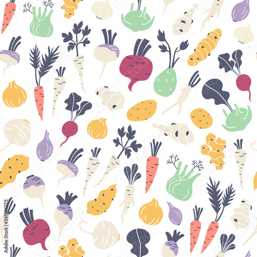 Root vegetables hand drawn seamless pattern background.