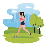 woman running in park, woman in sportswear jogging outdoor, female athlete in landscape vector illustration design