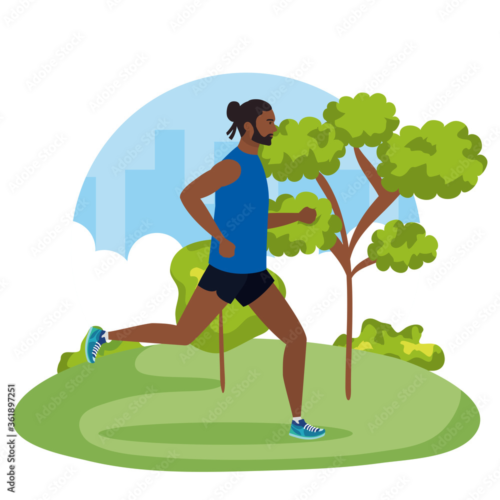 man afro running in the nature, male afro athlete outdoor, man afro running in park vector illustration design