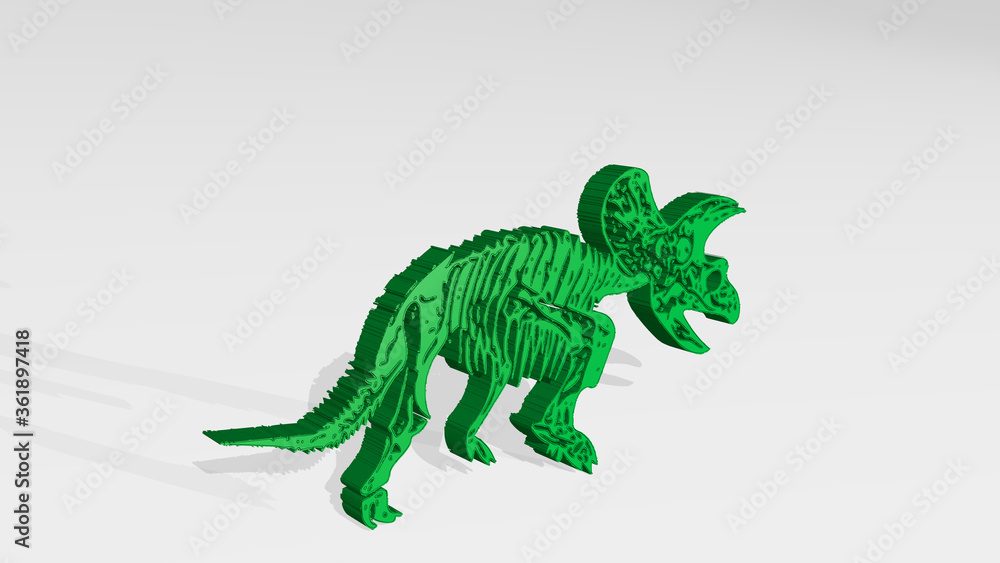 Fototapeta premium DINOSAUR SKELETON made by 3D illustration of a shiny metallic sculpture on a wall with light background. animal and cartoon