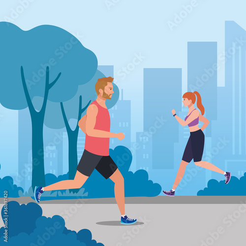 couple jogging, woman and man running in cityscape, couple in sportswear jogging vector illustration design