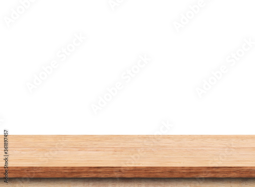 Empty wood table top on white background. Used for display or montage your products