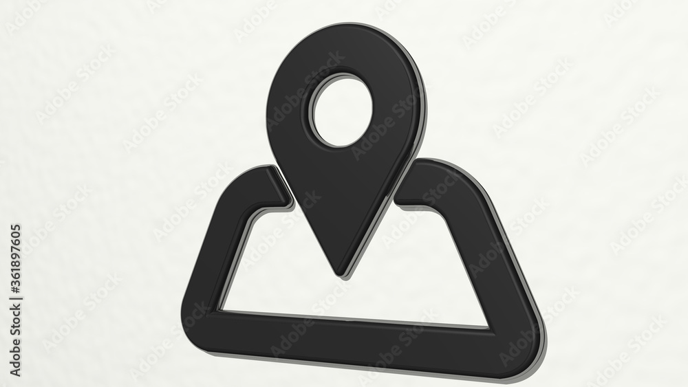 MAP SYMBOL made by 3D illustration of a shiny metallic sculpture on a wall with light background. abstract and concept MAP SYMBOL made by 3D illustration of a shiny metallic sculpture on a wall with light background. abstract and concept