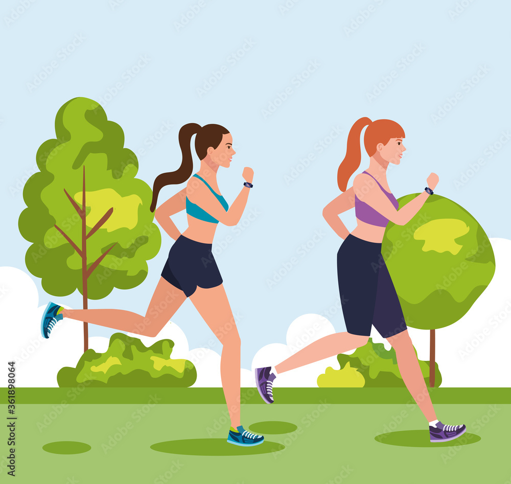 women jogging outdoor, women running in park, group women in sportswear jogging in nature vector illustration design