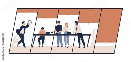 Stressed businessman pointing at profit drop graph on tablet showing colleagues vector flat illustration. Team of not motivated business people at office isolated. Finance crisis or collapse