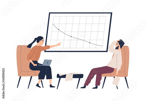 Stressed businesswoman pointing on decline profit graph during company bankruptcy vector flat illustration. Shocked male looking at profit drop scheme or finance collapse isolated on white background