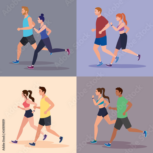 set scenes of jogging people, people running vector illustration design