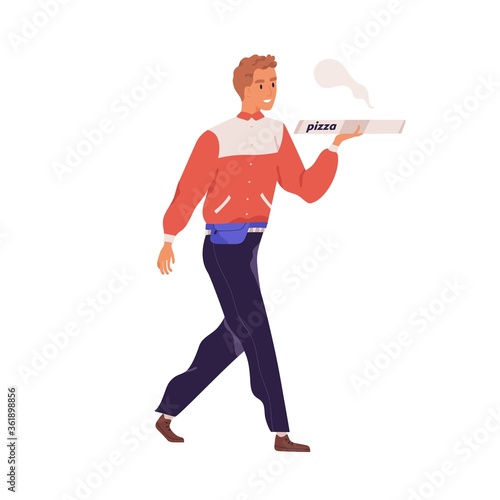 Male courier carrying box with tasty hot pizza vector flat illustration. Smiling deliveryman bring fast food from restaurant or cafe isolated on white. Fastfood express delivery service