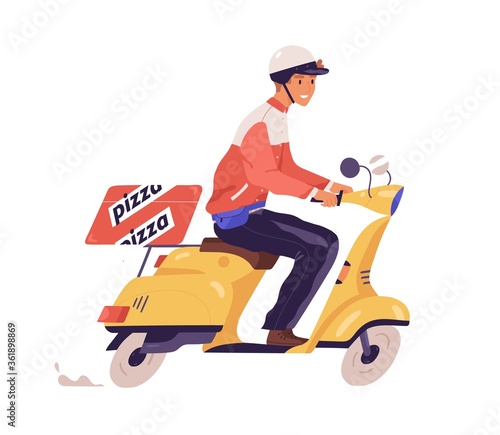 Pizza deliveryman ride on scooter vector flat illustration. Male courier express delivering pizzeria order isolated on white. Smiling guy in protective helmet carrying box with tasty hot food