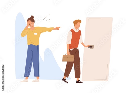Young male employee dismissed from job vector flat illustration. Upset female employer pointing on door direction to fired worker isolated on white. Sad man discharged for bad work