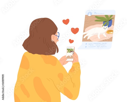 Female animal lover sharing photo of cat at social network vector flat illustration. Woman blogger making post to followers isolated. Girl browse social media use smartphone