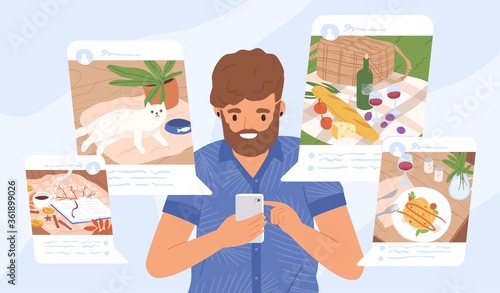 Young guy sharing moments at social networks vector flat illustration. Modern male holding smartphone making post for followers. Addiction from social media and internet