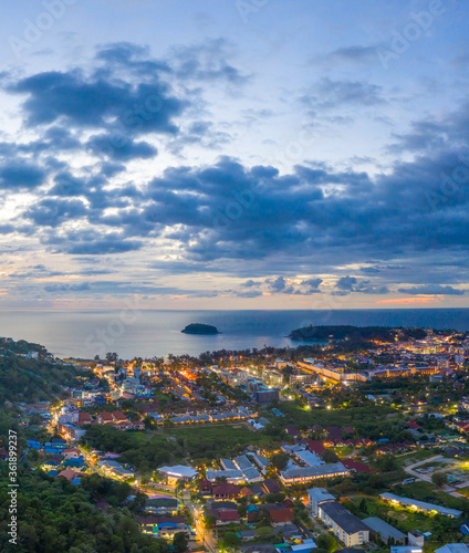 areial panorama photography sunset above Kata village in Phuket Thaland