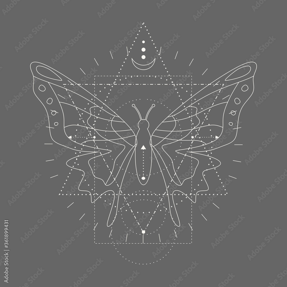 Fototapeta premium Mystery, witchcraft, occult and alchemy tattoo sign. Mystical vintage gothic geometry thin lines symbol with butterfly