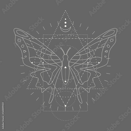 Mystery, witchcraft, occult and alchemy tattoo sign. Mystical vintage gothic geometry thin lines symbol with butterfly