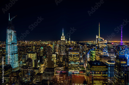 New York City  USA. Night aerial view of Midtown Manhattan skyscrapers from a high viewpoint.