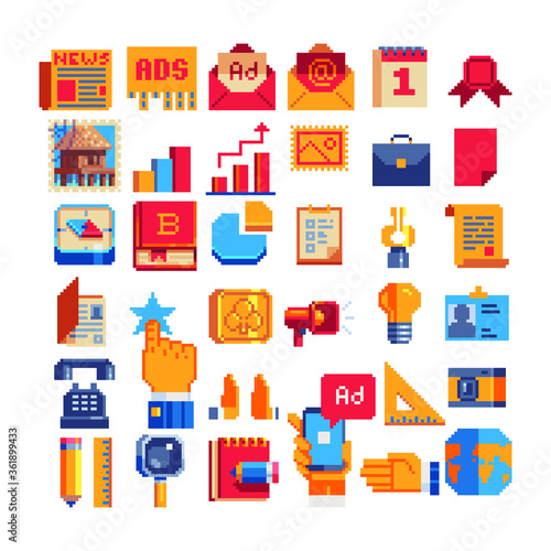 Branding logo pixel art icons big set. Advertise and marketing. Schedule, billboard, message, briefcase, book and phone, isolated vector illustration. 