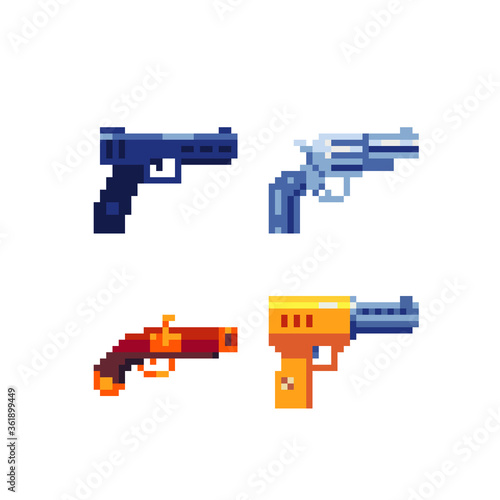 Guns set,  weapon pixel art icons revolver and musket isolated vector illustration. Design for sticker, mobile app and logo. Game assets 8-bit sprite.