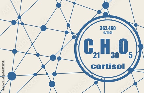 Chemical formula of hormone cortisol. Connected lines with dots background
