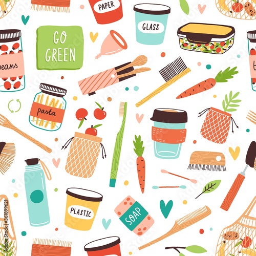 Different Zero Waste care elements, food and dishes vector flat illustration. Colorful various durable and reusable goods seamless pattern. Eco friendly accessories, vegan meal or ecology products