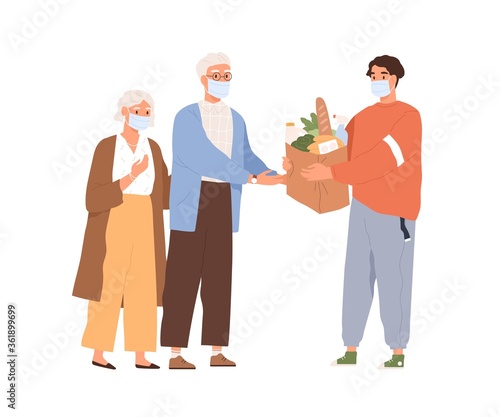Guy in medical mask giving package with food to elderly man and woman vector flat illustration. Male courier bring order of groceries to aged couple isolated. Delivery service or support seniors