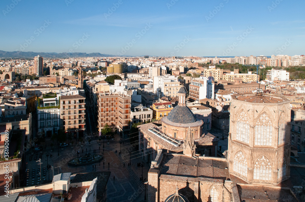 Valencia old town cityscape and Valencia Cathedral aerial view seen from Torre del Micalet