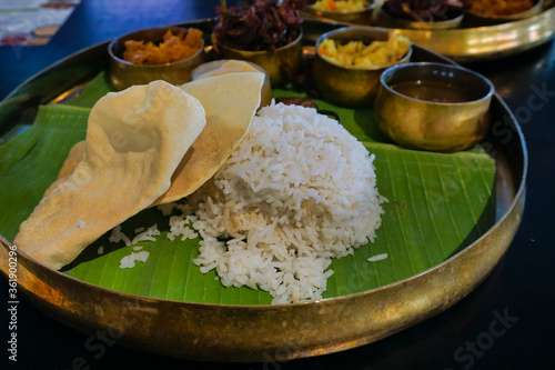 Close up of banana leaf rice